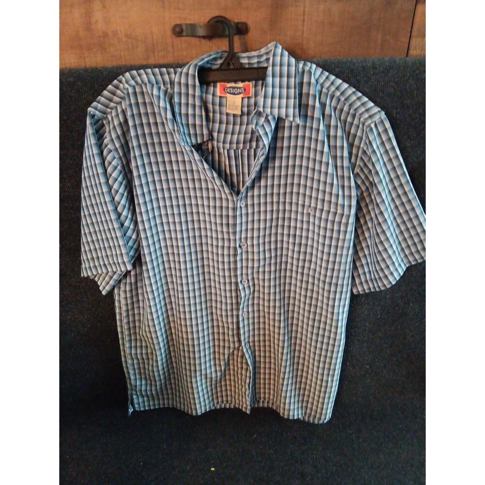 100% Polyester Vintage Design Mens Button Up Blue Plaid Shirt Short Sleeve Large